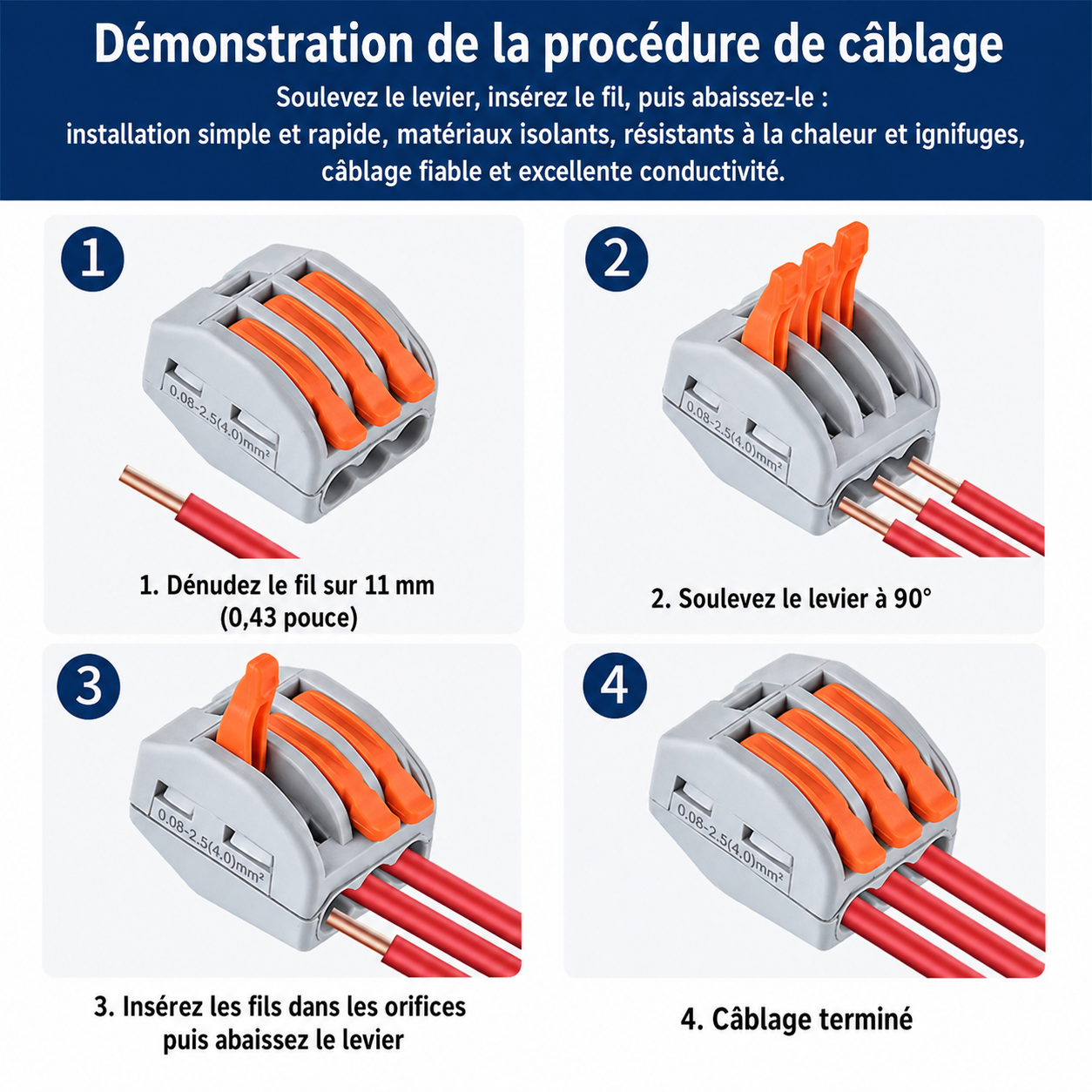 Borne de Connexion Rapide 4 Entrées — Kit 50 (Fil Souple)