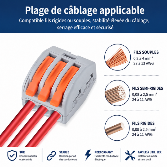 Borne de Connexion Rapide 3 Entrées — Kit 100 (Fil Souple)