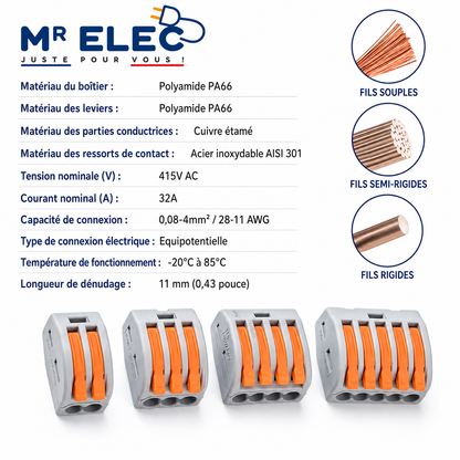 Borne de Connexion Rapide 4 Entrées — Kit 50 (Fil Souple)