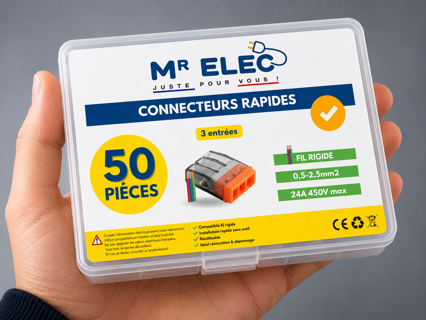 Borne de Connexion Rapide 3 Entrées — Kit 50 (Fil Rigide)