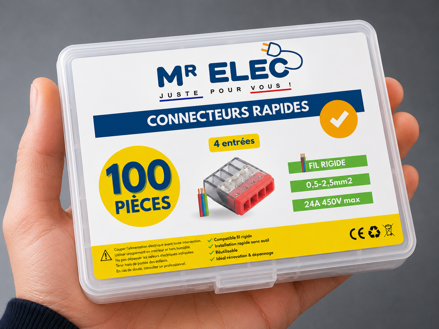 Borne de Connexion Rapide 4 Entrées — Kit 100 (Fil Rigide)