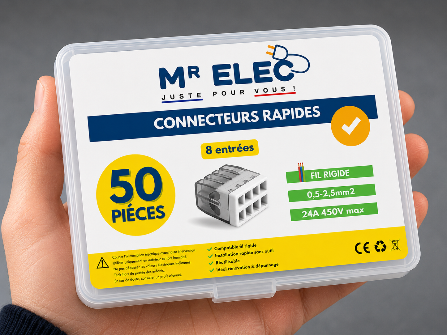 Borne de Connexion Rapide 8 Entrées — Kit 50 (Fil Rigide)