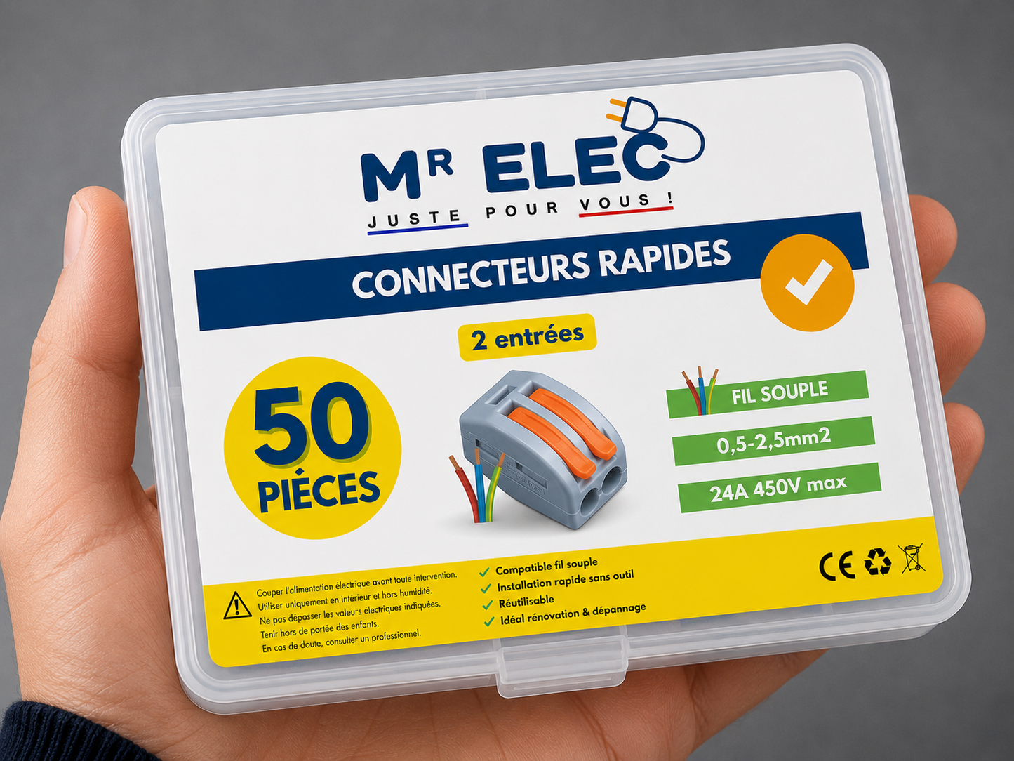Borne de Connexion Rapide 2 Entrées — Kit 50 (Fil Souple)