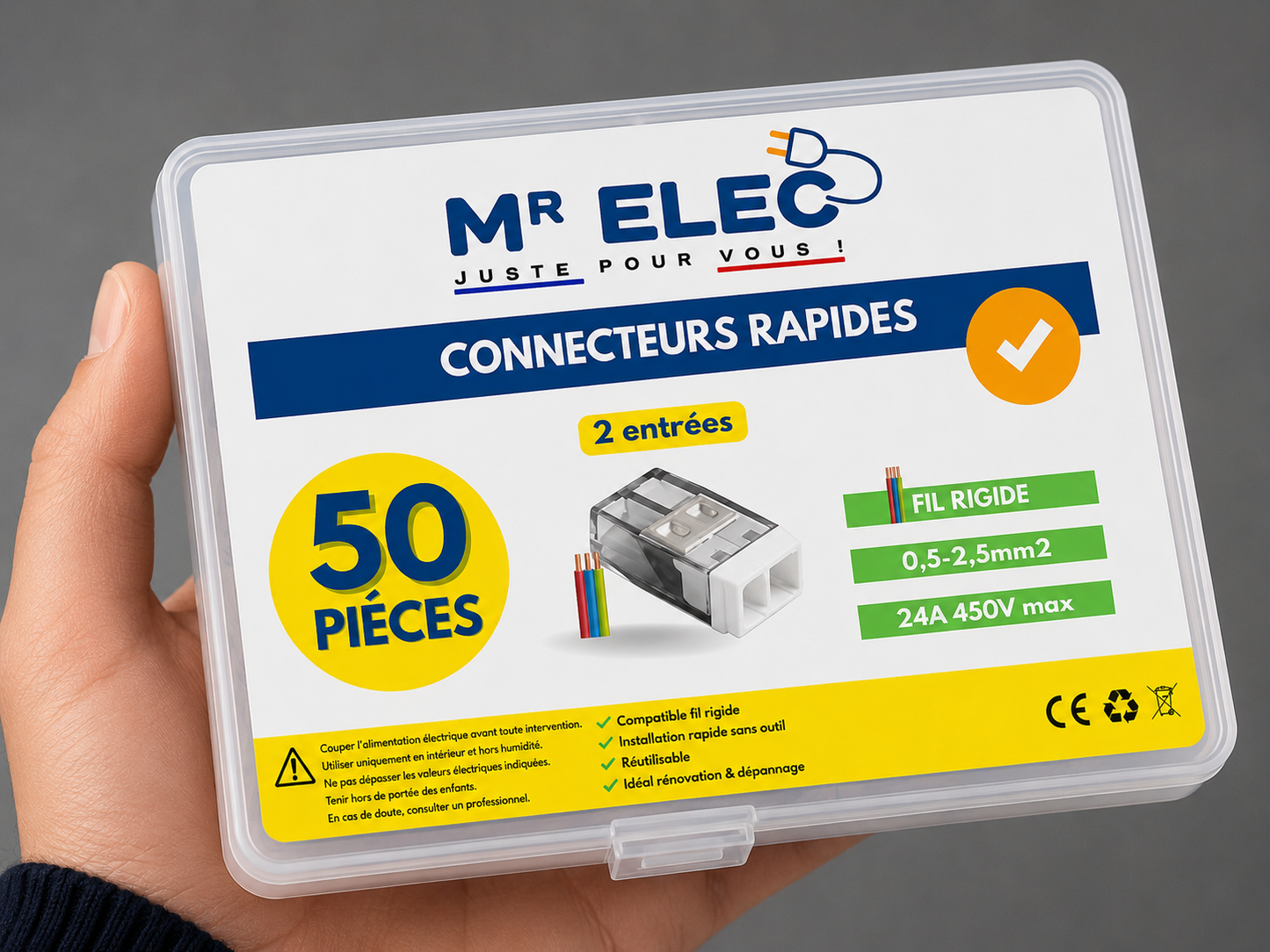 Borne de Connexion Rapide 2 Entrées — Kit 50 (Fil Rigide)